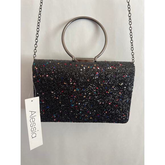 EVENING COCKTAIL BAG CROSSBODY CHAIN OR CIRCLE HANDLE MULTI COLOR SPARKLE BLACK - Picture 1 of 12